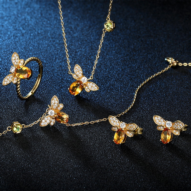 S925 sterling silver plated with 10K gold Japanese and Korean style natural citrine peridot bee set