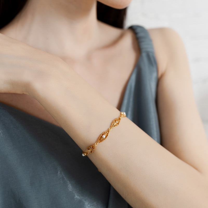 S925 純銀鍍 9K 金日韓風手鍊|貝殼珠仿鑽葉脈造型 精緻優雅必備