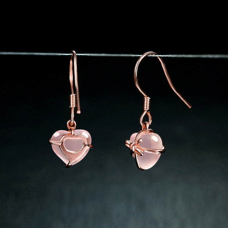 S925 sterling silver with rose gold and natural rose quartz heart bow jewelry set | Japanese and Korean style romantic sweetheart must-have