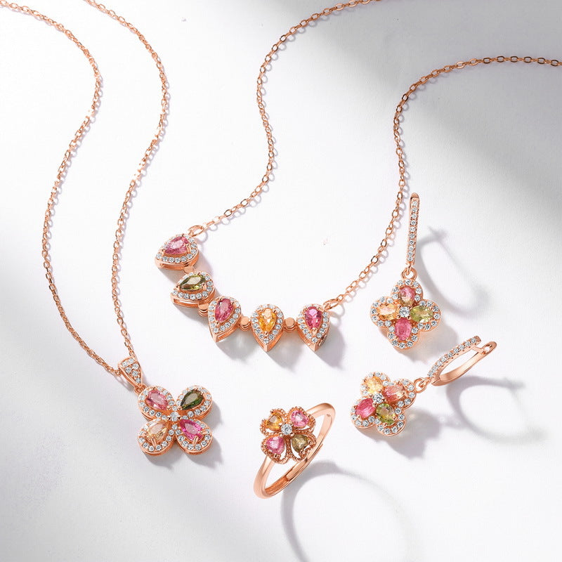 S925 sterling silver rose gold plated light luxury natural tourmaline four-leaf clover jewelry set