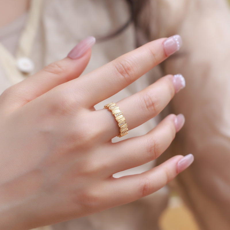S925 sterling silver with 10K gold plated hand-brushed imitation diamond ring | Urban luxury bamboo design personalized texture ring