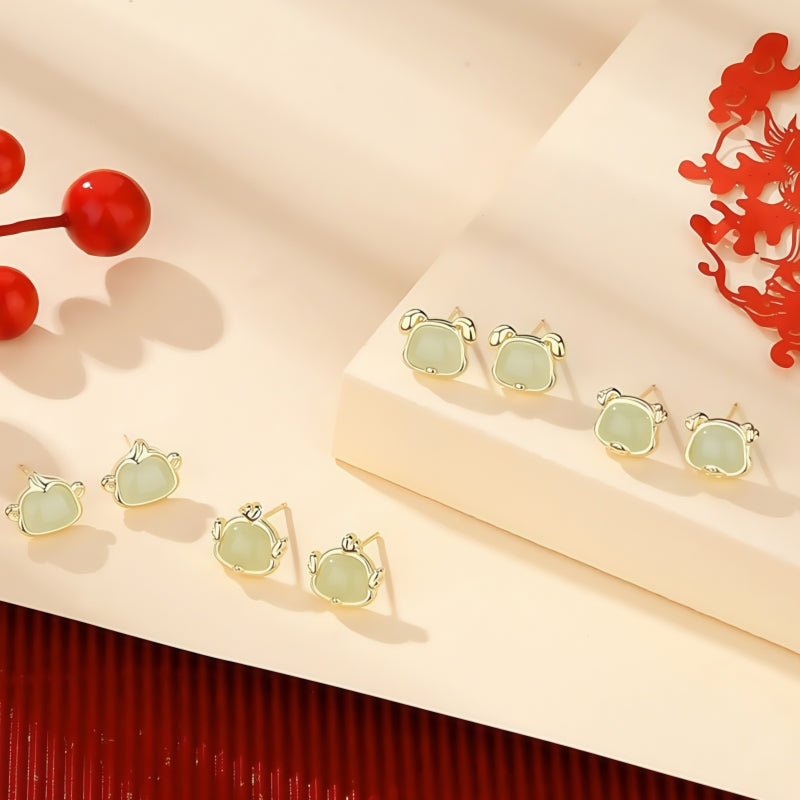 S925 sterling silver and gold-plated Chinese Zodiac earrings | Hetian jade design to attract wealth and protect
