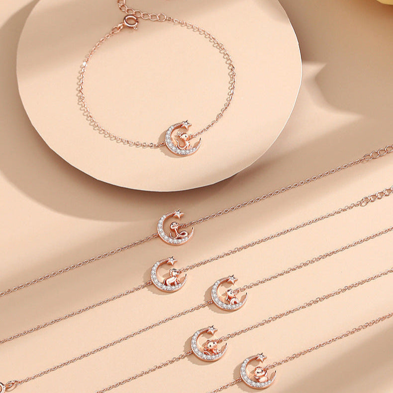 S925 sterling silver rose gold plated star and moon zodiac imitation diamond bracelet | Exclusive peace amulet for your birth year