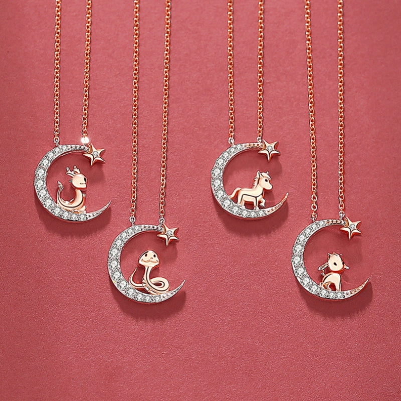 S925 sterling silver with rose gold plated twelve zodiac star and moon necklace | Imitation diamond exclusive lucky jewelry for your birth year