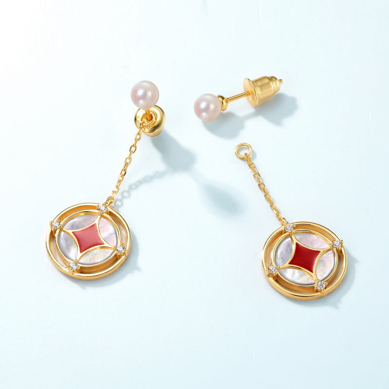 S925 sterling silver with 10K gold plated white shell freshwater pearl Tianxi Yuanbao Chinese style earrings