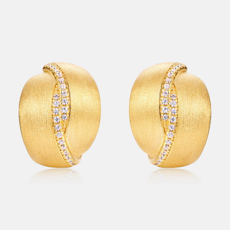 S925 sterling silver plated with 10K gold frosted high-end hand-brushed artificial imitation diamond earrings | European and American retro light luxury versatile jewelry