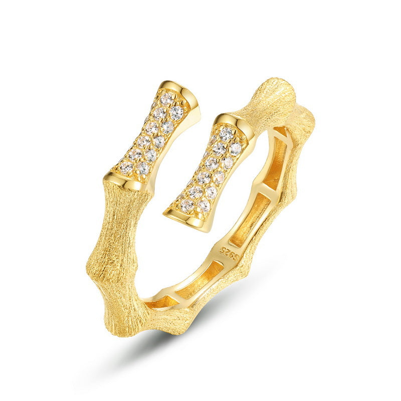 S925 sterling silver with 10K gold plated hand-brushed bamboo imitation diamond ring | Light luxury retro open ring high-end fashion jewelry