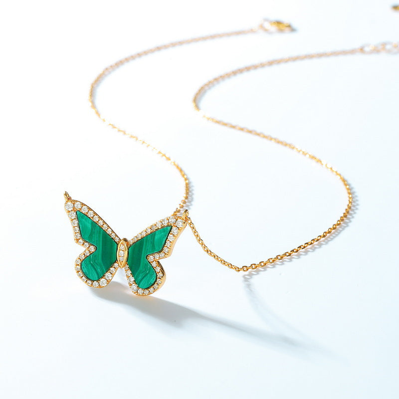 S925 sterling silver with 10K gold plated necklace | Natural malachite imitation diamond butterfly shape light luxury necklace