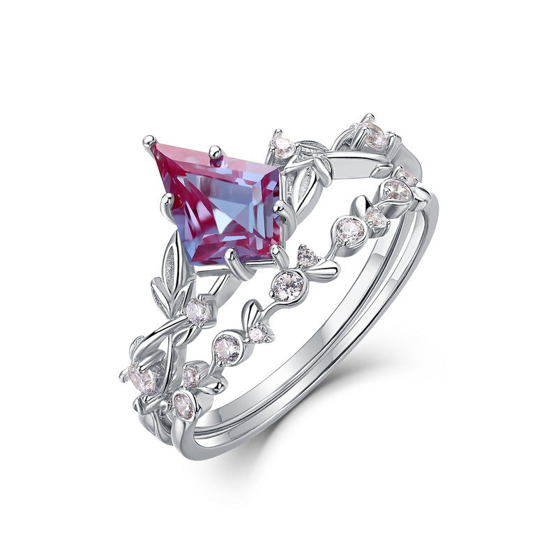 S925 Sterling Silver with Thick Silver and White Gold Plating | Synthetic Alexandrite and Imitation Diamond Flower Vine Ring