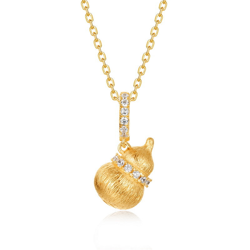 S925 sterling silver with 10K gold plated hand-brushed imitation diamond gourd necklace | Oriental auspicious light luxury jewelry gourd symbolic design