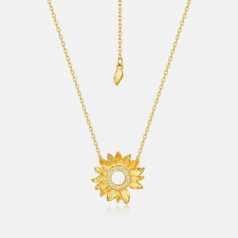 S925 sterling silver plated with 10K gold hand-brushed sunflower necklace inlaid with imitation diamonds | light luxury all-match clavicle necklace essential accessories for daily dating