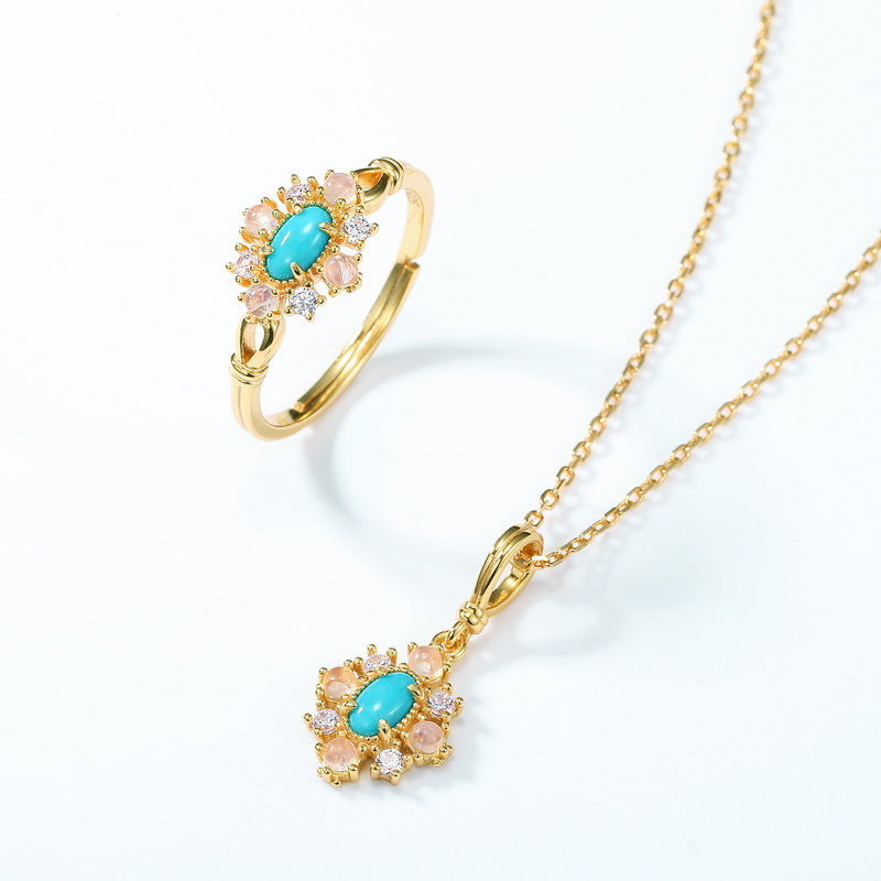 S925 sterling silver plated with 10K gold Japanese and Korean style natural turquoise exquisite retro pendant ring set