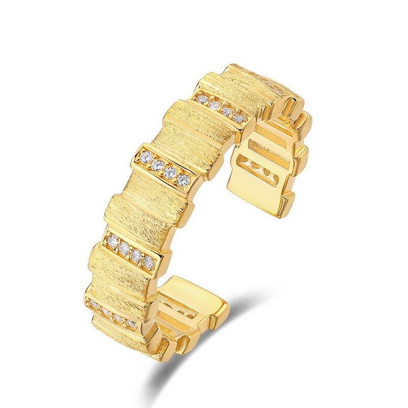 S925 sterling silver with 10K gold plated hand-brushed imitation diamond ring | Urban luxury bamboo design personalized texture ring