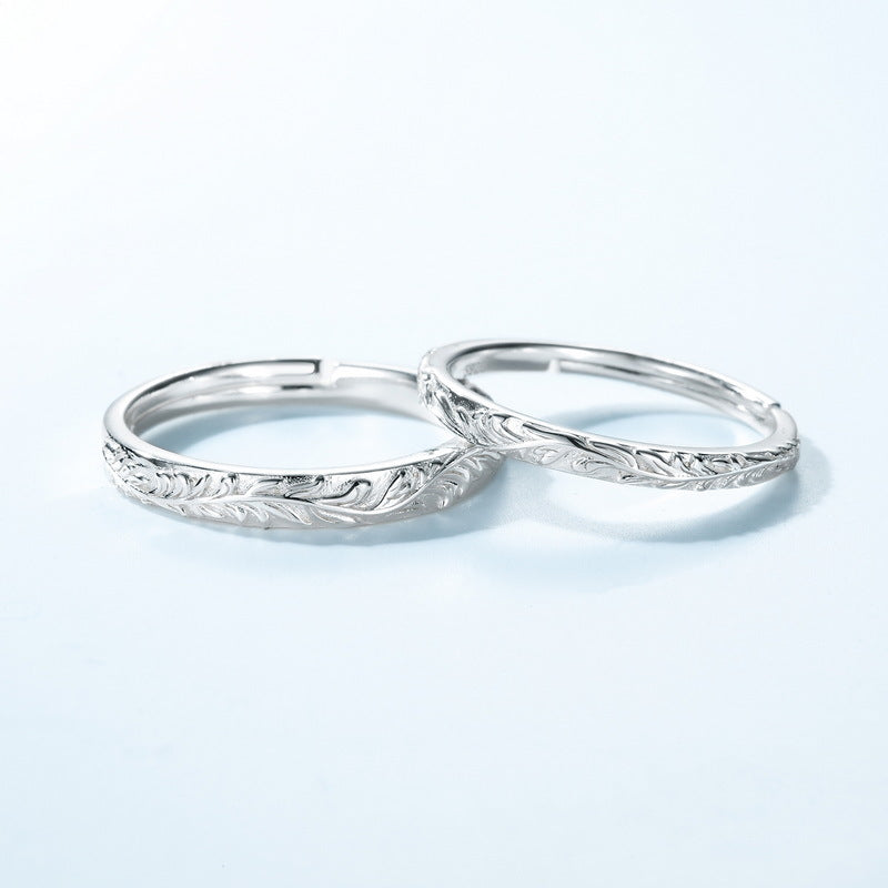 S925 sterling silver and platinum couple rings | Artistic forest-style light luxury rings with a natural love imprint