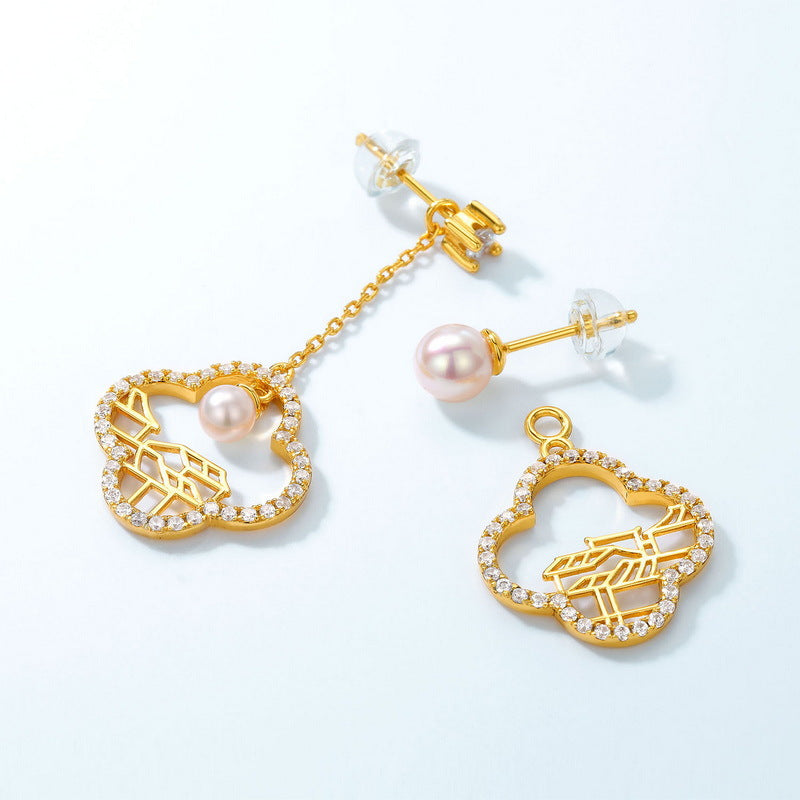 S925 純銀鍍 10K 金耳環|貝殼珠仿鑽古風建築造型 典雅精緻必備