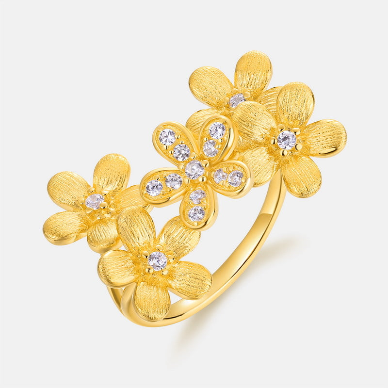S925 sterling silver plated with 10K gold hand-brushed flower imitation diamond ring | Spring Garden Romantic Ring Light Luxury Jewelry