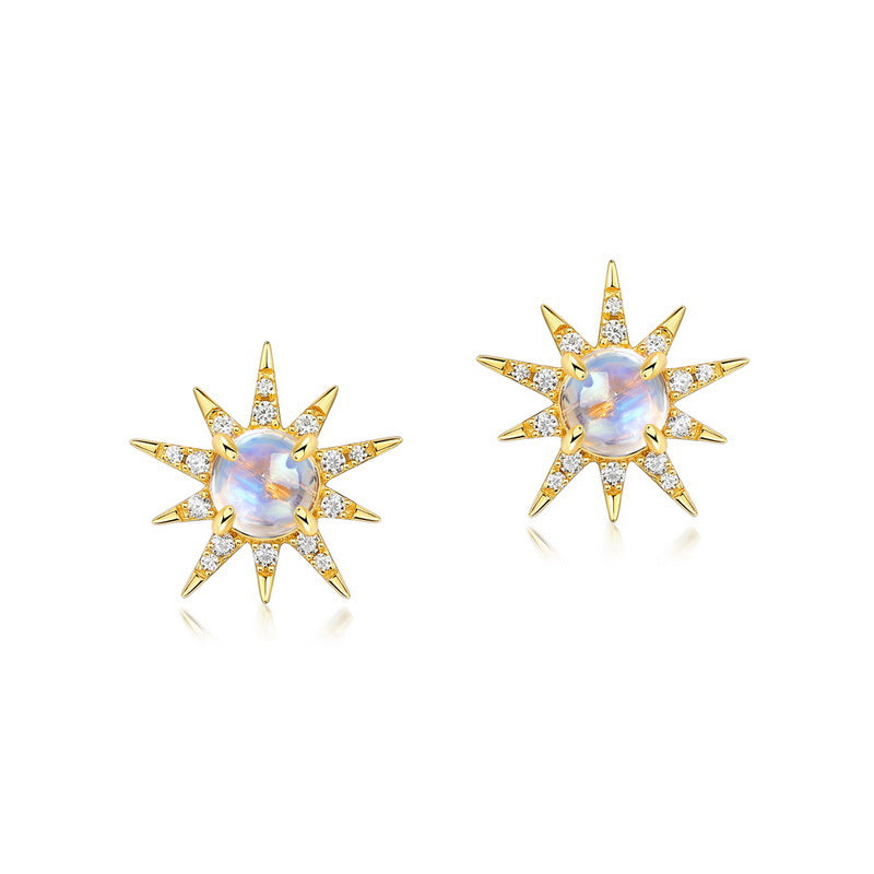 S925 sterling silver plated with 14K gold simple and stylish blue moonstone star earrings