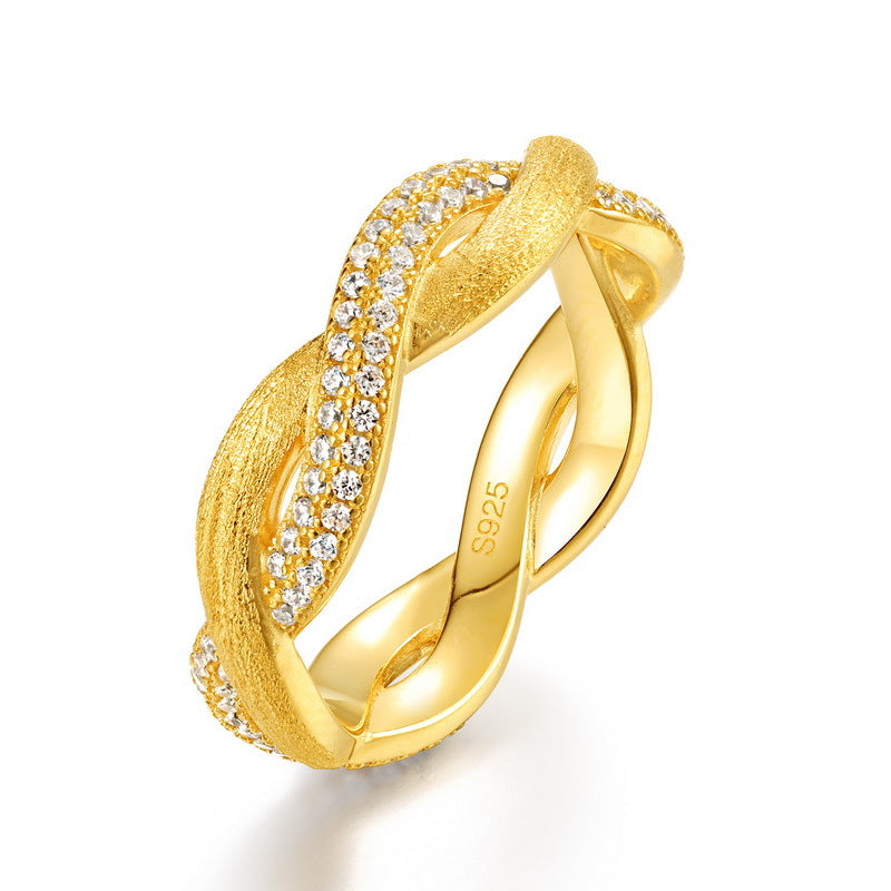 S925 sterling silver with 10K gold plated hand-brushed interwoven imitation diamond ring | Romantic and light luxury ring with love entanglement design