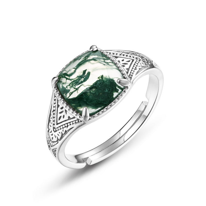 日韓風時尚首選!S925 純銀鍍厚銀白金 + 9K 金,黑瑪瑙 / 綠苔蘚戒指