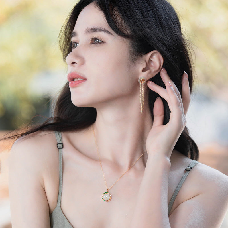 S925 sterling silver plated with 10K gold, simple and stylish Hetian jade lucky bamboo jewelry set