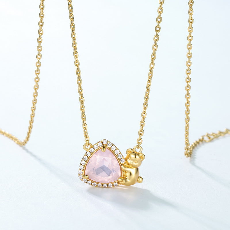 S925 純銀鍍 10K 金日韓風首飾套組|天然粉水晶仿鑽 小熊守護甜美造型 必入款