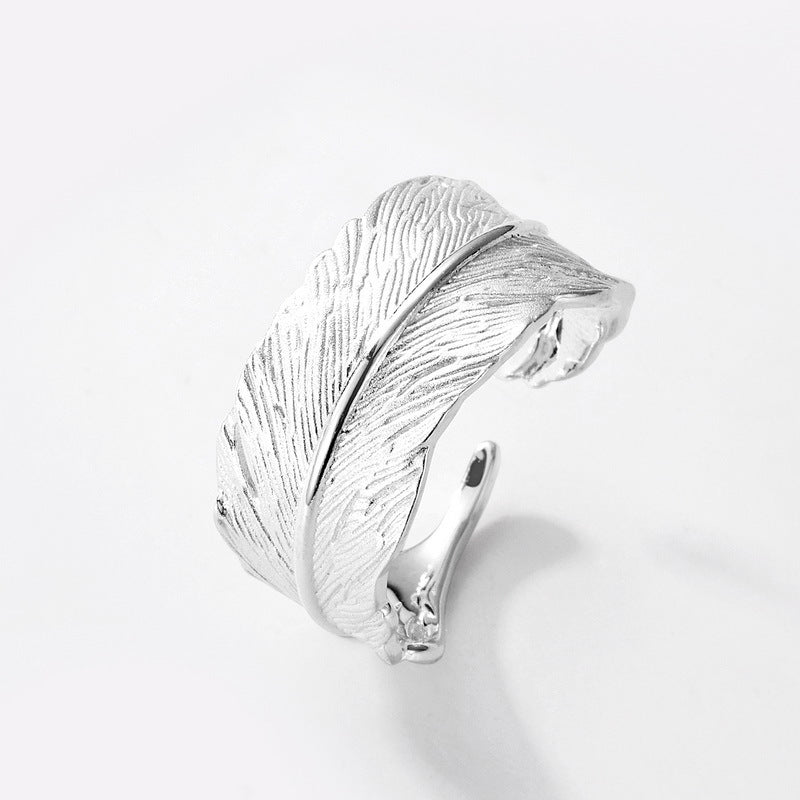 S925 sterling silver plated bright silver feather set | Hand-brushed light luxury retro jewelry four-piece set