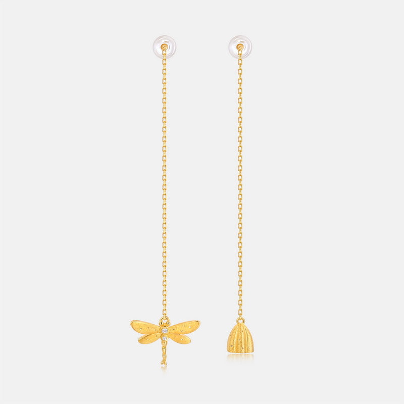S925 sterling silver with 10K gold plated hand-brushed dragonfly earrings | Stylish asymmetrical earrings, trendy jewelry