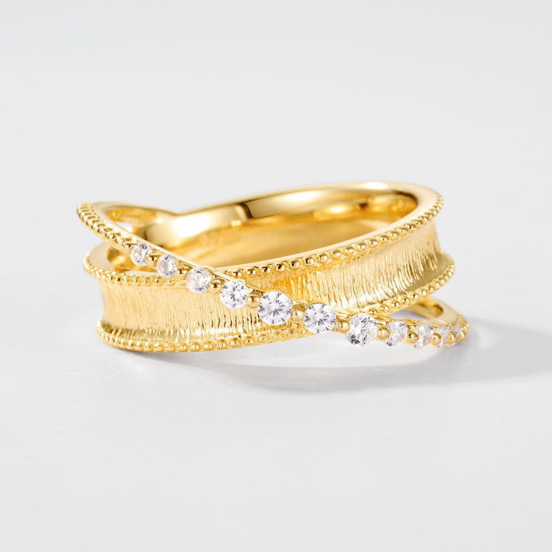 S925 sterling silver with 10K gold plated hand-brushed cross-imitation diamond ring | Retro palace luxury ring high-end jewelry
