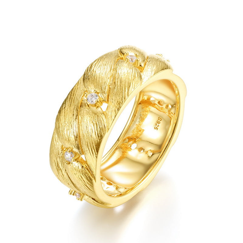 S925 sterling silver plated with 10K gold hand-brushed star imitation diamond ring | light luxury retro texture ring high-end fashion jewelry