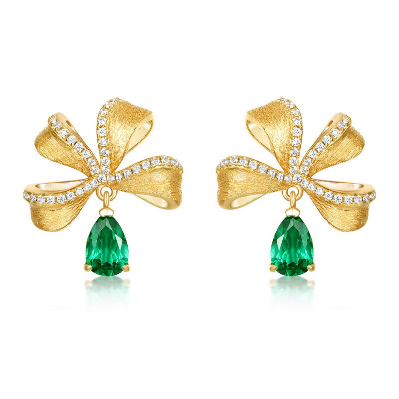 S925 sterling silver plated with 10K gold, light luxury, high-end hand-brushed craftsmanship, cultivated emerald bow earrings