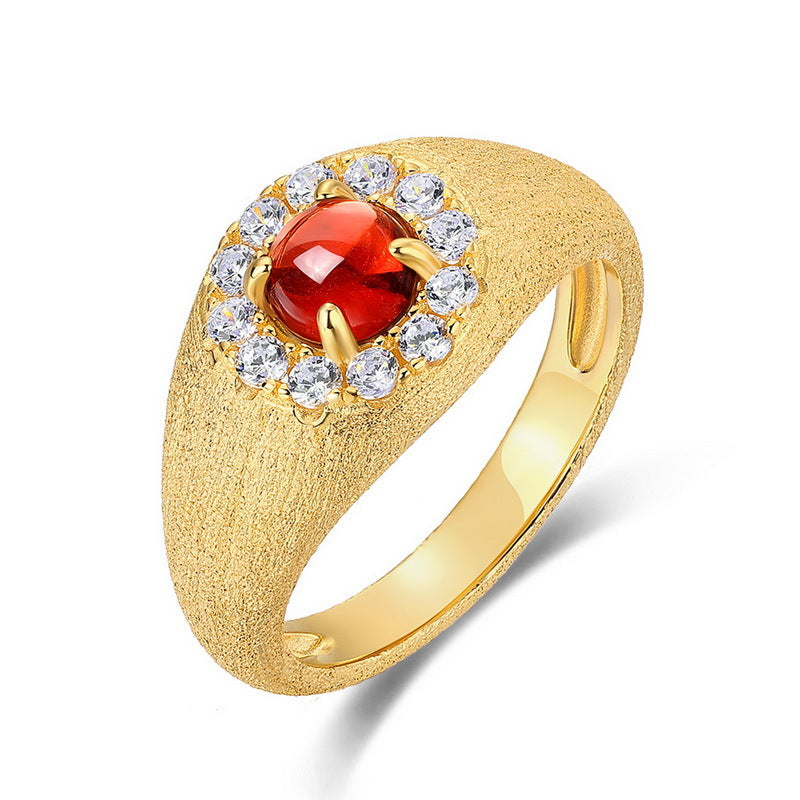 S925 sterling silver with 10K gold plated hand-brushed red garnet ring | Imitation diamond retro palace style ring high-end jewelry