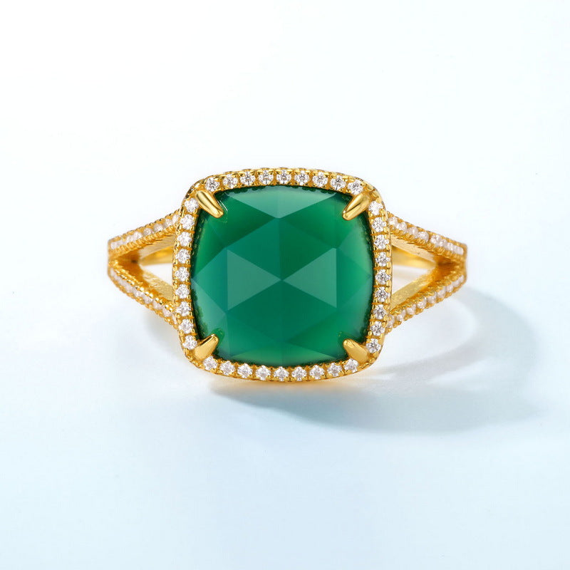 S925 純銀鍍 10K 金歐美風戒指|天然綠瑪瑙仿鑽 奢華方型寶石必備