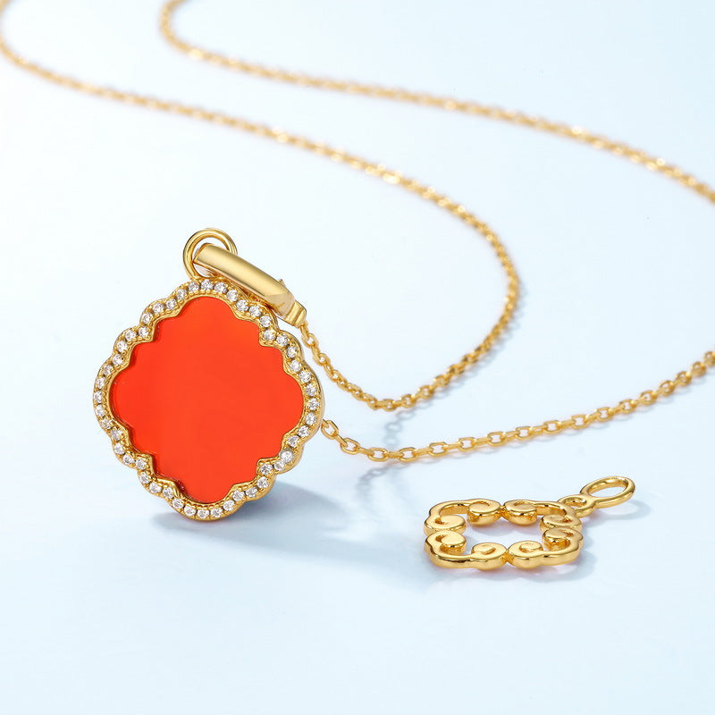 幸運首選!S925 純銀鍍 10K 金,紅瑪瑙+仿鑽四葉草項鍊