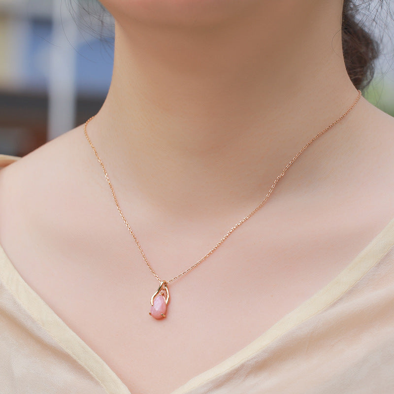 S925 sterling silver with 10K gold plated jewelry set | Natural pink opal teardrop earrings and necklace, a sweet and elegant accessory