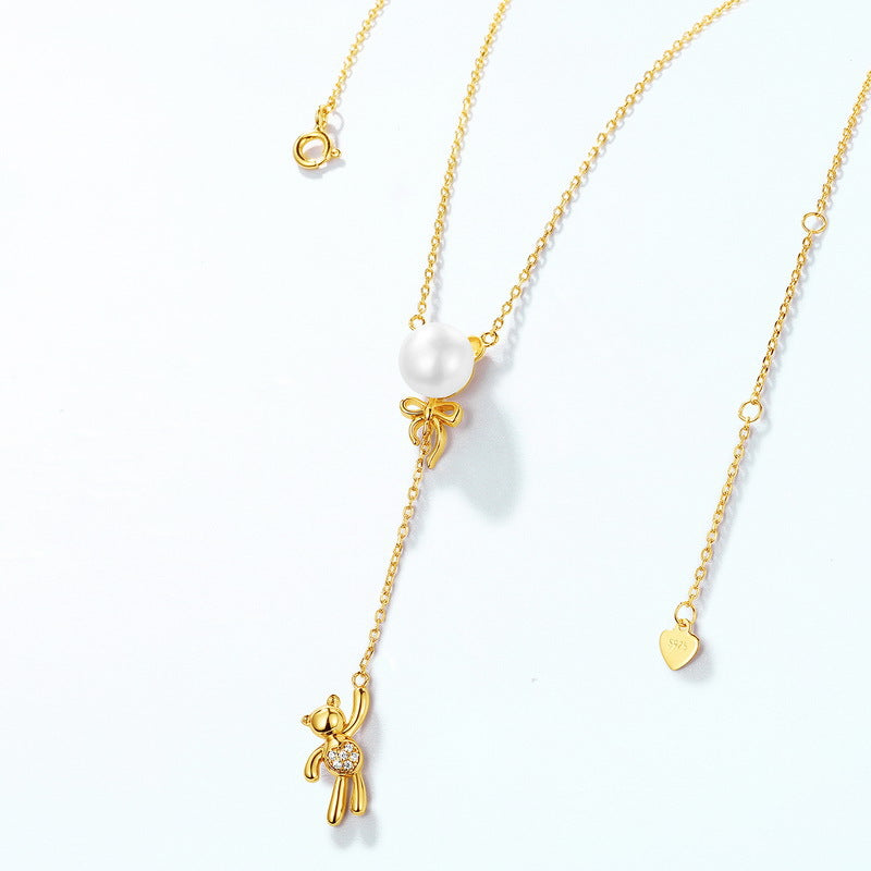 可愛風首選!S925 純銀鍍 10K 金,天然珍珠小熊項鍊