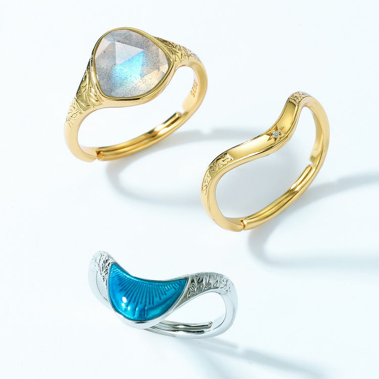 S925 純銀鍍 10K 金 + 厚銀白金戒指|天然拉長石拼色設計 歐美風奢華個性之選