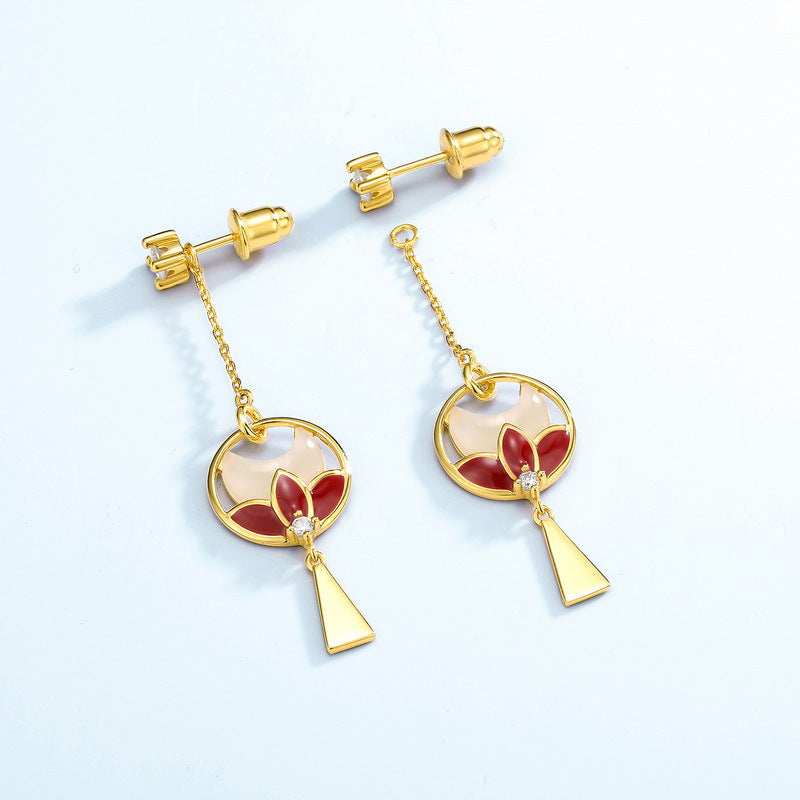 Hetian Jade Imitation Diamond Earrings | S925 Sterling Silver with 10K Gold Plated Elegant Chinese Lotus Fan-Shaped Jewelry