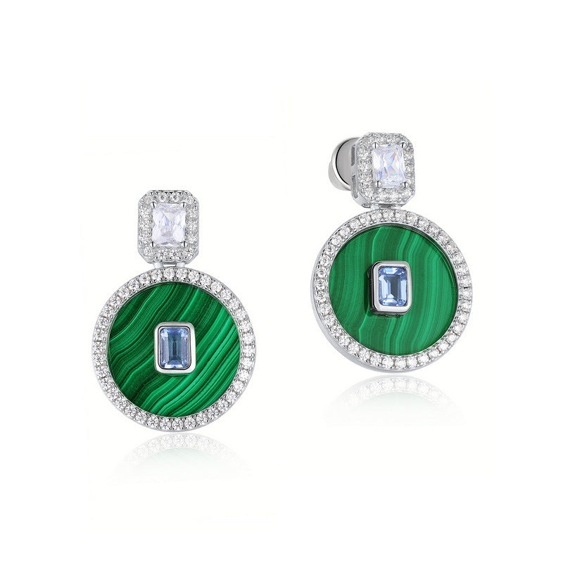S925 sterling silver with thick platinum platinum stud earrings | Natural malachite imitation diamond European and American style high-end round earrings