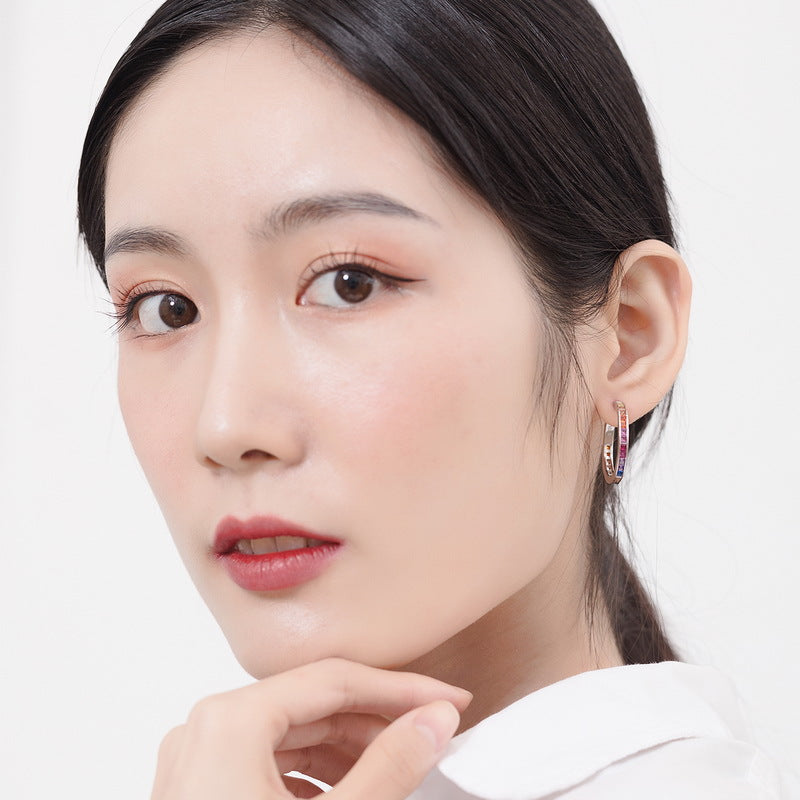 S925 純銀鍍厚銀白金耳環|彩鋯 彩虹圈歐美風必備