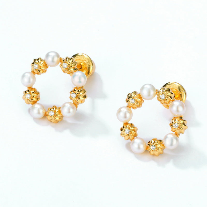 S925 純銀鍍 10K 金耳環|天然麵包珠仿鑽點綴,歐美優雅風必備