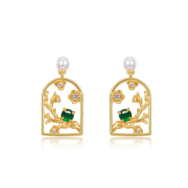 S925 10K Gold-Plated Sterling Silver Jade Earrings | Pearl and Diamond Chinese Plum Blossom Earrings
