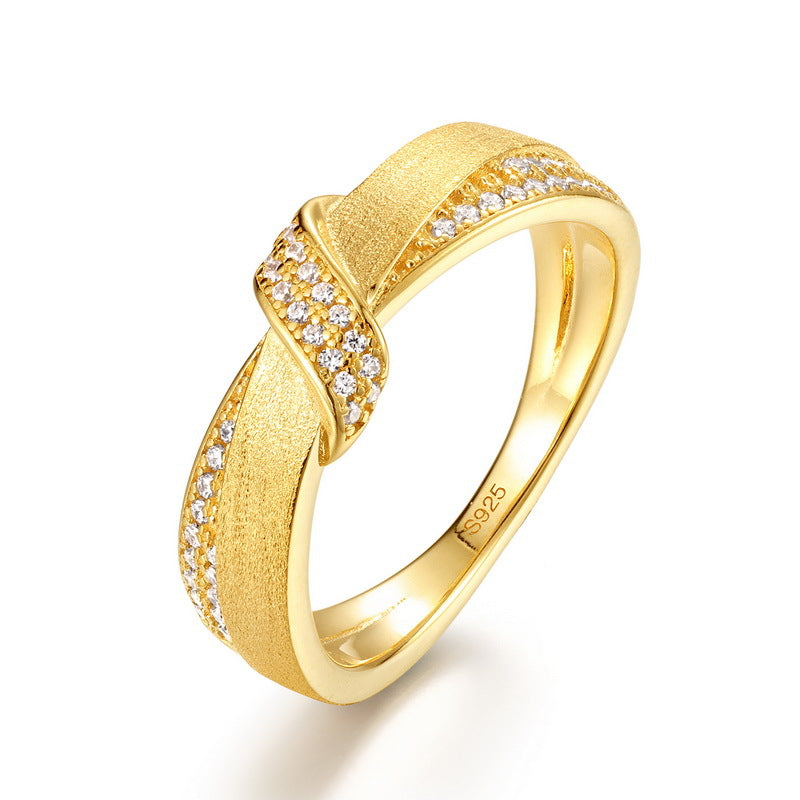 S925 sterling silver with 10K gold plated hand-brushed interwoven imitation diamond ring | Fashionable and elegant light luxury ring urban texture jewelry