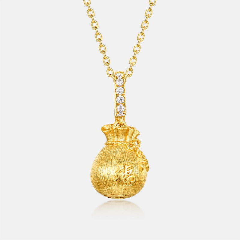 S925 sterling silver plated with 10K gold hand-brushed lucky bag necklace | Double chain optional wealth blessing jewelry