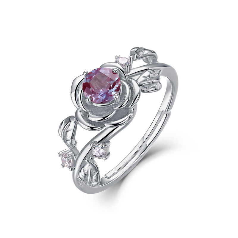 S925 sterling silver plated with thick silver and white gold ring | Synthetic Alexandrite and simulated diamond rose shape romantic and fashionable ring