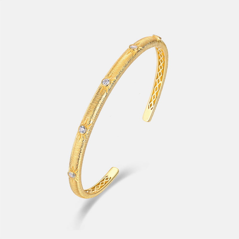 S925 sterling silver with 10K gold plated hand-brushed imitation diamond bracelet | Light luxury commuter open bracelet workplace fashion jewelry