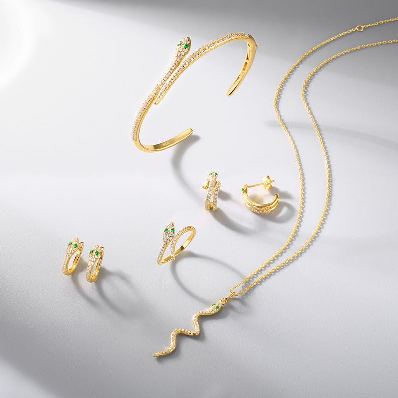 S925 sterling silver with 9K gold-plated snake jewelry set | Nano-green zirconium imitation diamonds embellish the twelve zodiac snake elements earrings, necklaces, rings, bracelets and earrings