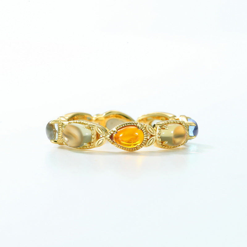S925 sterling silver plated with 10K gold Japanese and Korean style synthetic colored gemstone ring smoky quartz amber lemon quartz