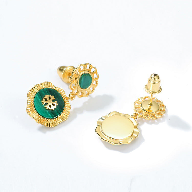 S925 純銀鍍 10K 金歐美風耳環|天然孔雀石雪花元素 奢華個性之選