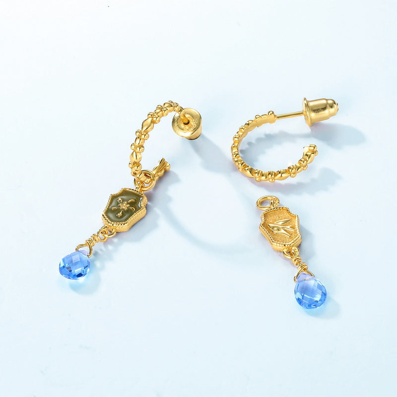 S925 純銀鍍 10K 金耳環|合成藍水晶鑲嵌 日韓時尚首選