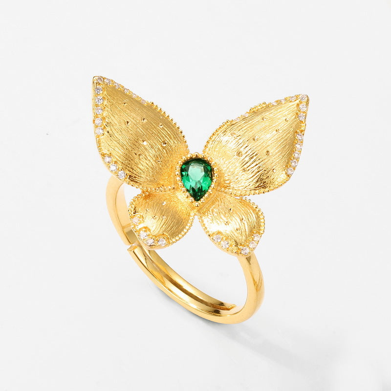 S925 sterling silver plated with 10K gold, hand-brushed, cultured emerald butterfly set | Light luxury vintage earrings and necklace, high-end jewelry two-piece set